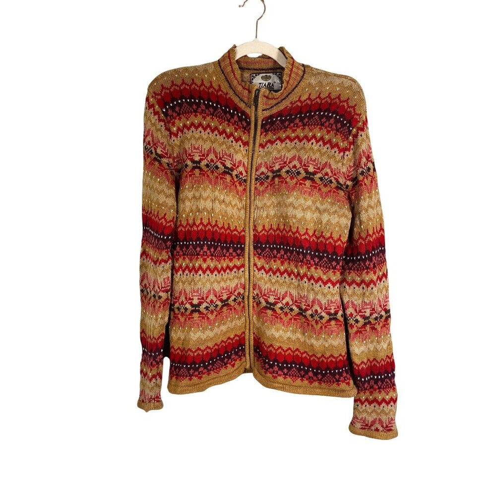 Tiara Colorful Nordic Fair Isle Knit Sweater Brown S Boho Indie Festive Chevron